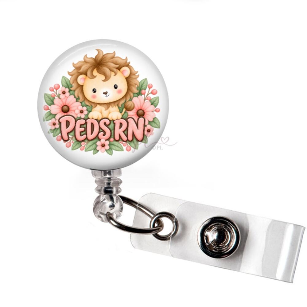 PEDS RN Badge Reel Pediatric Registered Nurse Cute Lion Floral ID Holder Gift